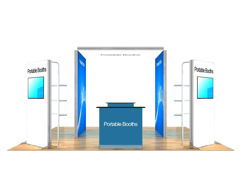 20 x 20 Backlit Exhibit With Canopy and Shelf Modules Portable Booths