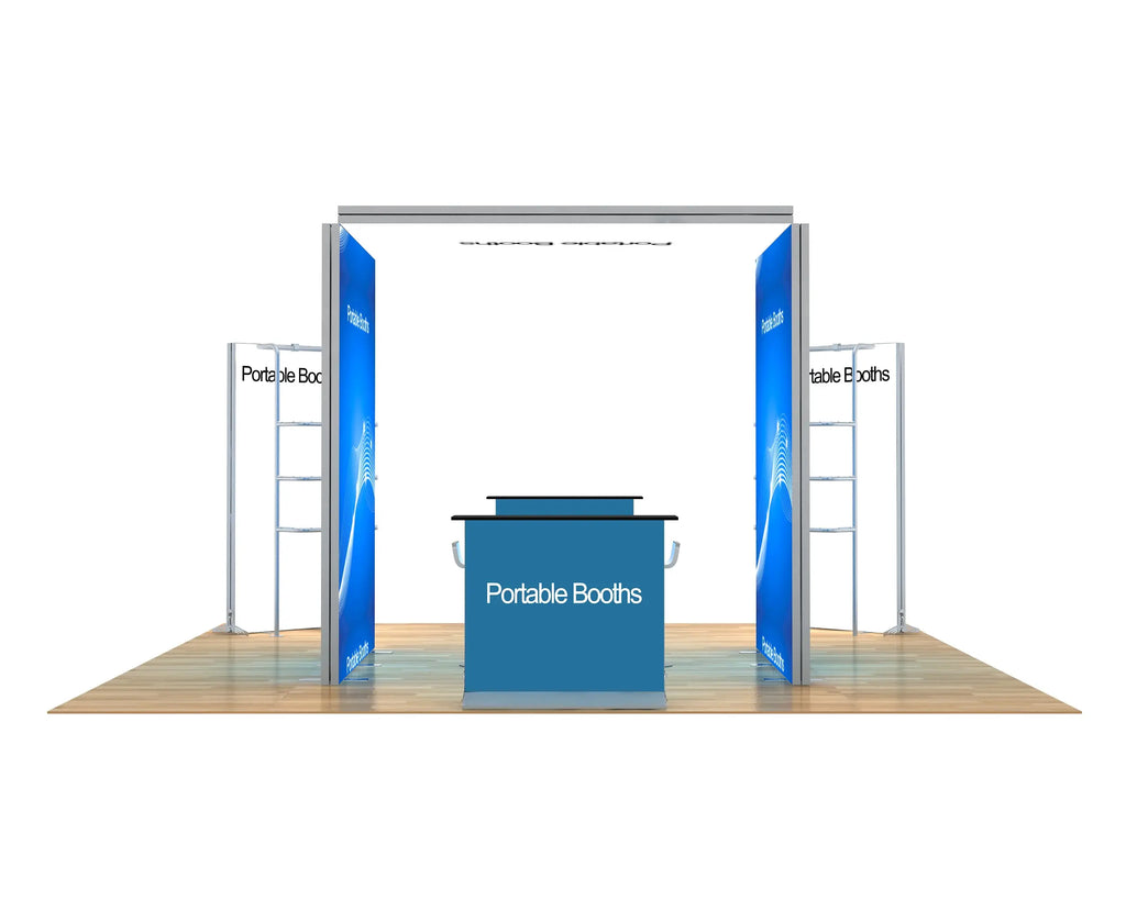 20 x 20 Backlit Exhibit With Canopy and Shelf Modules Portable Booths